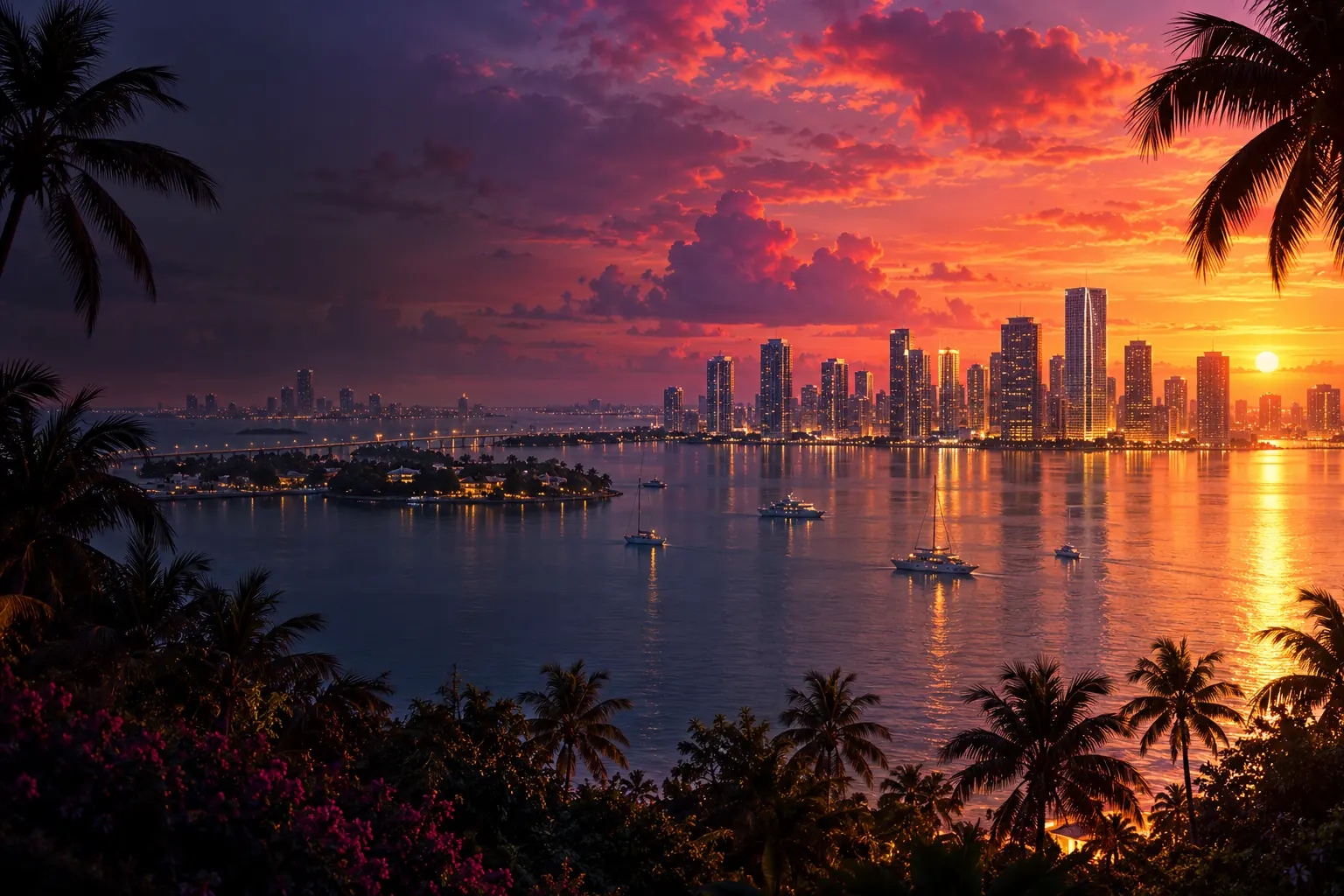 AI-generated tropical waterfront skyline at sunset